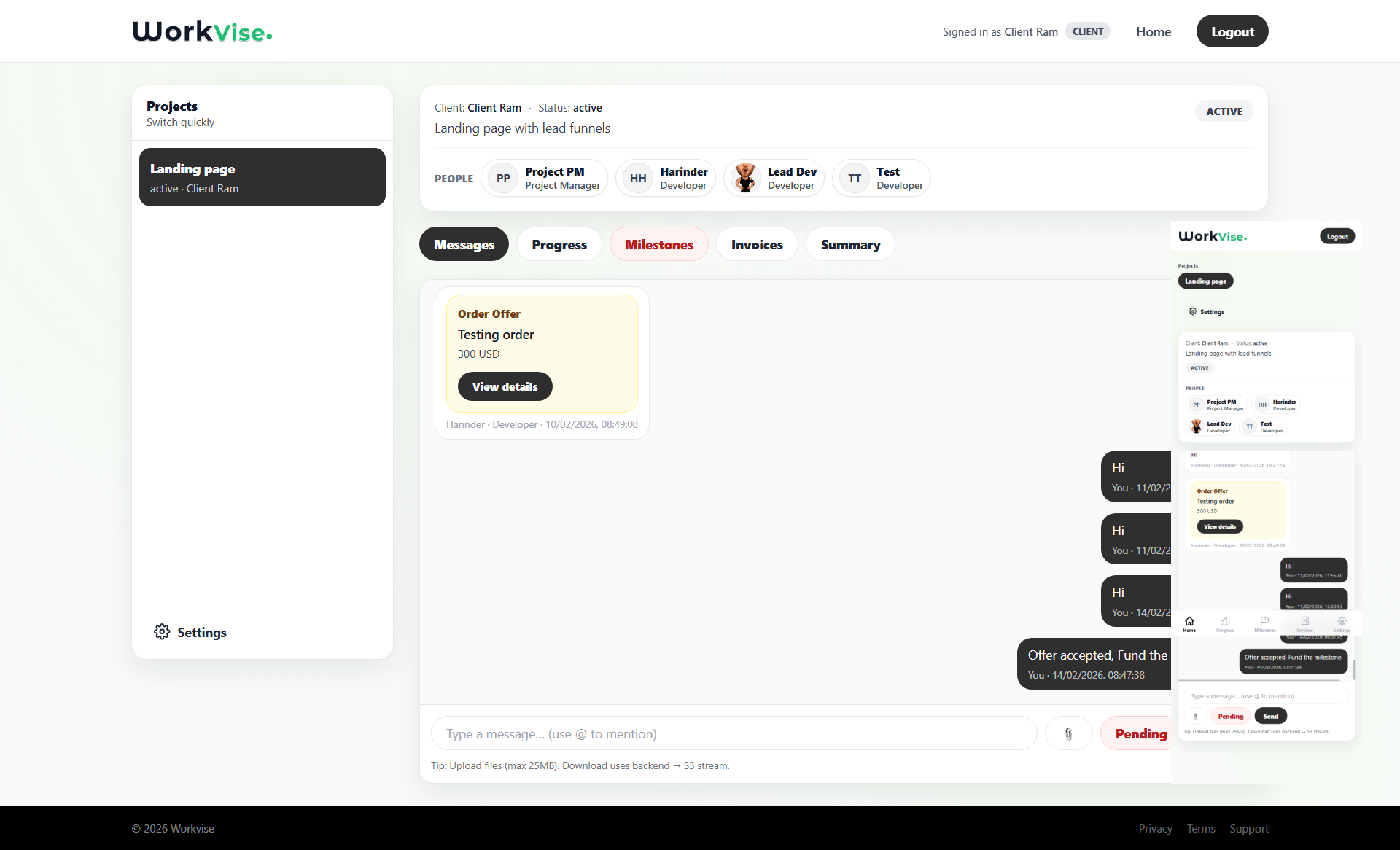 Workvise project management dashboard showing milestones, team chat, billing, and progress tracking